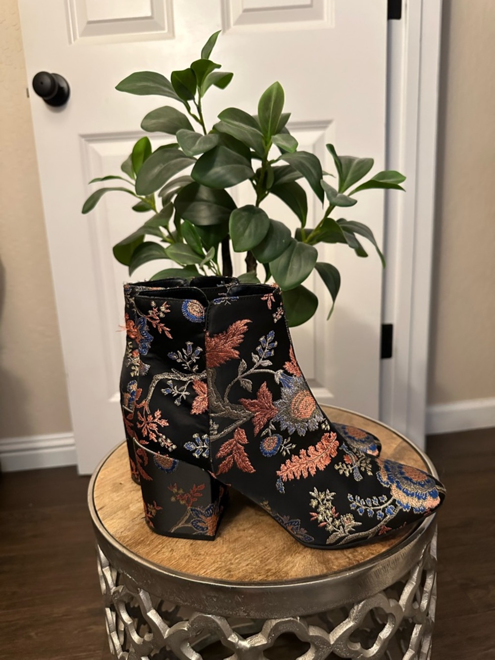 Floral Brocade Ankle Boots - Black with Multicolor Embroidery - Picture 3 of 5